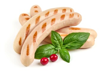 Roasted bbq white sausages, isolated on white background.