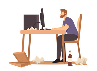 Overweight Male Character Sitting at Desk Working on Computer with Fast Food Package, Bottles and Paper Rubbish around
