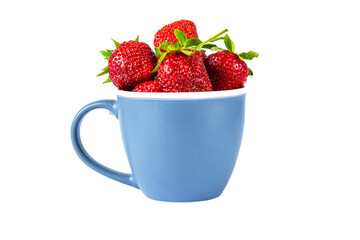 Red strawberries in a blue cup isolated on a white background