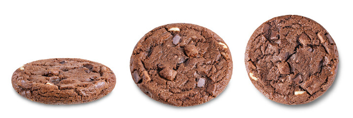 Dark chocolate brownie cookies with chocolate slices on a white isolated background