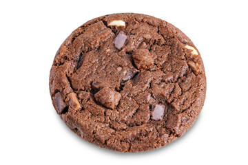 Dark chocolate brownie cookies with chocolate slices on a white isolated background