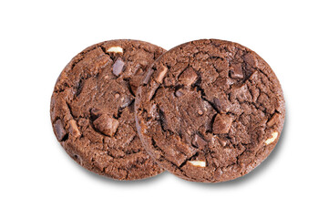 Dark chocolate brownie cookies with chocolate slices on a white isolated background