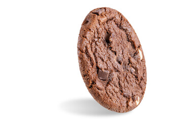 Dark chocolate brownie cookies with chocolate slices on a white isolated background