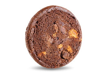 Dark chocolate brownie cookies with chocolate slices on a white isolated background