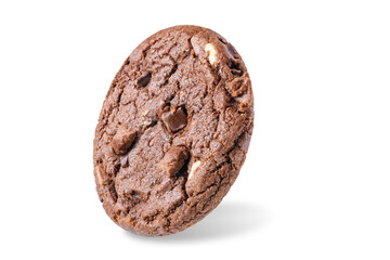 Dark chocolate brownie cookies with chocolate slices on a white isolated background