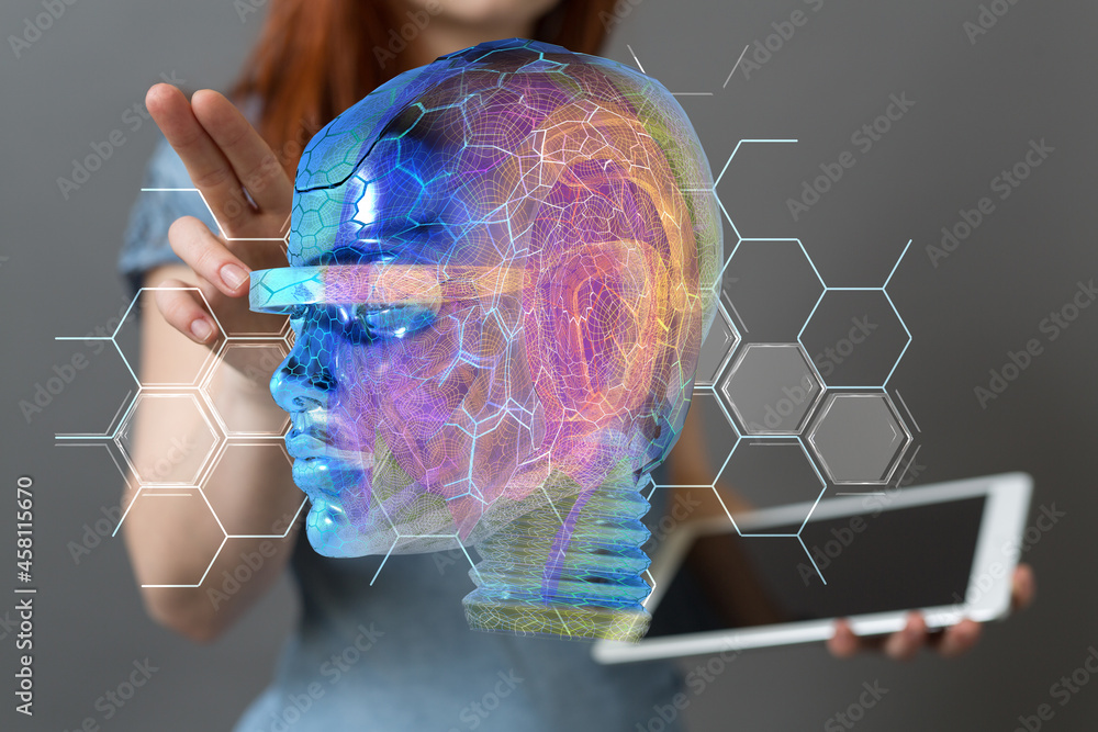 Poster Big data and artificial intelligence concept. Machine learning and cyber mind domination