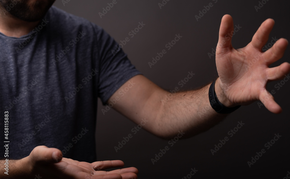 Poster man showing his empty hand.
