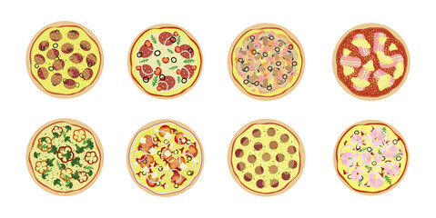 Fototapeta na wymiar Pizza set of different types. Top view. Pepperoni, vegetarian, hawaiian, seafood pizza and others