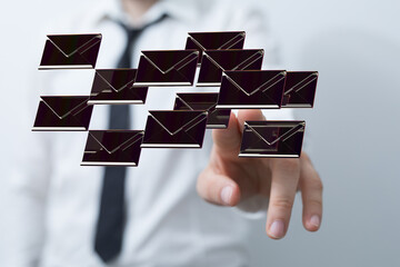 Abstract virtual postal envelopes sketch on blurry office buildings background, e-mail and marketing