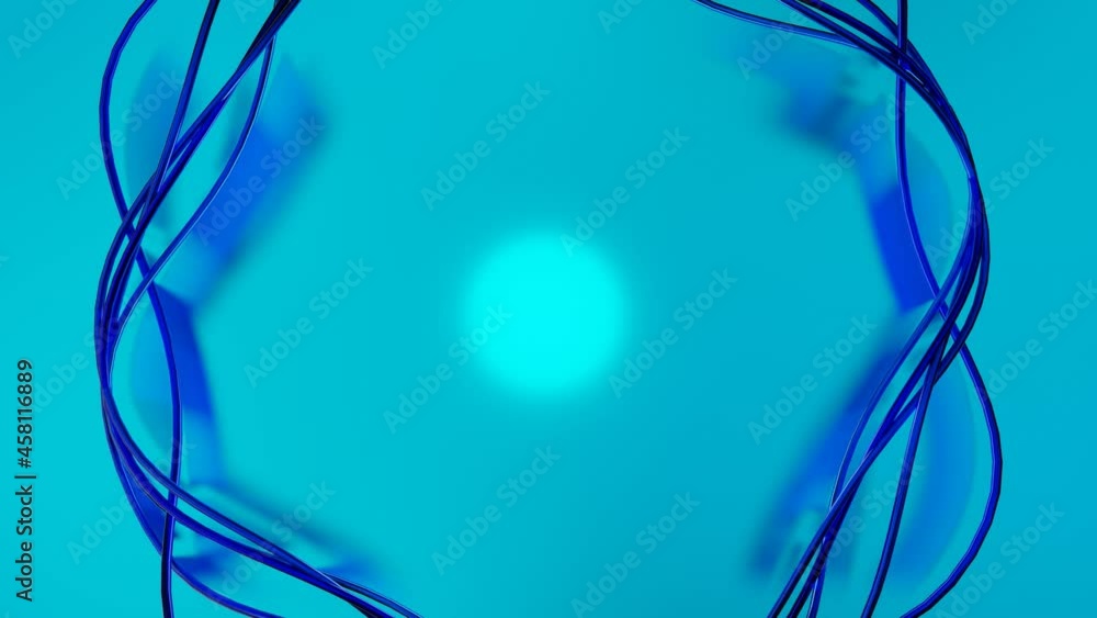 Poster dark blue curved stripes rotate in a circle on a turquoise background. 3d render loop animation