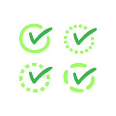 Set of green check marks in a circle with dashes, dots and lines. Vector illustration.