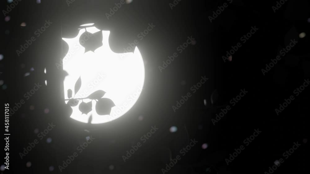 Poster silhouettes of branches with leaves swaying against the background of the full moon. 3d render loop 