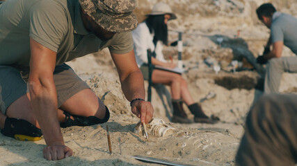 Male archaeologist working with human skeleton - obrazy, fototapety, plakaty