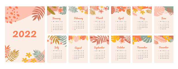 2022 calendar concept design with leaves and flowers. Abstract illustration. Calendar template.Set of 12 months 2022 pages. Vertical page - obrazy, fototapety, plakaty