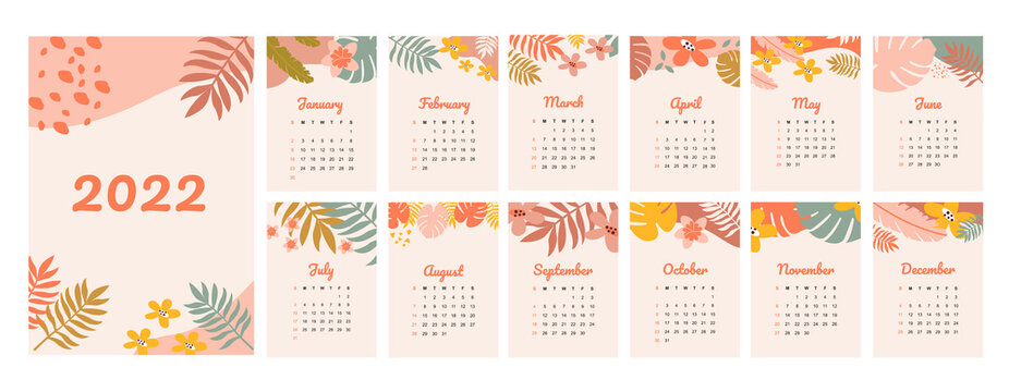 2022 calendar concept design with leaves and flowers. Abstract illustration. Calendar template.Set of 12 months 2022 pages. Vertical page