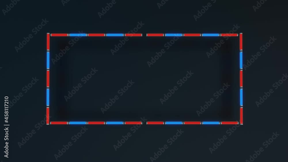 Poster a frame of long blinking blue and red lamps on a black background. 3d render loop animation
