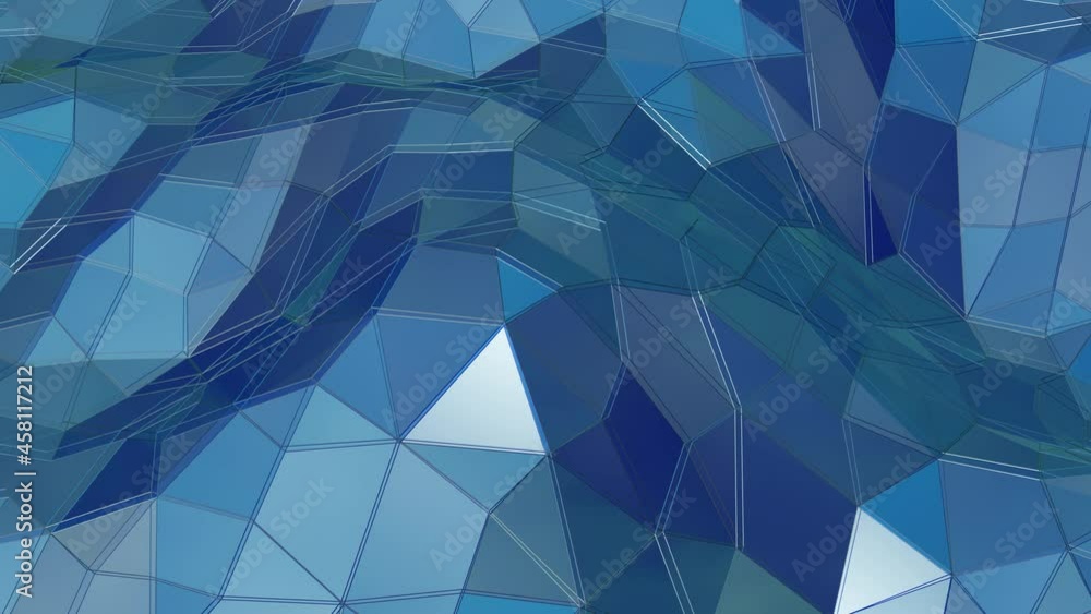 Poster blue low poly background. the smooth surface is deformed. 3d render loop animation