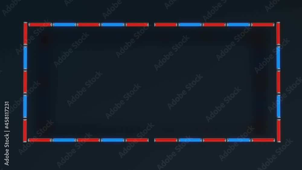 Poster a frame of long blinking blue and red lamps on a black background. 3d render loop animation