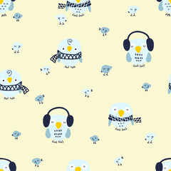 Cartoon style winter seamless pattern with owls and small birds. Perfect for T-shirt, textile and prints. Hand drawn vector illustration for decor and design.
