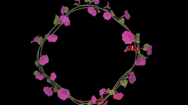 two butterflies fly in a circle over a wreath of purple morning gloria flowers on a black background. 3d render loop animation