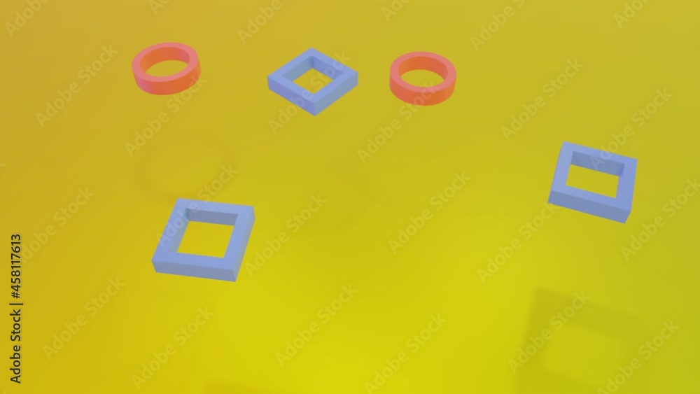 Aufkleber pink and blue circles and rectangles fly back and forth on a yellow background. 3d render loop anima