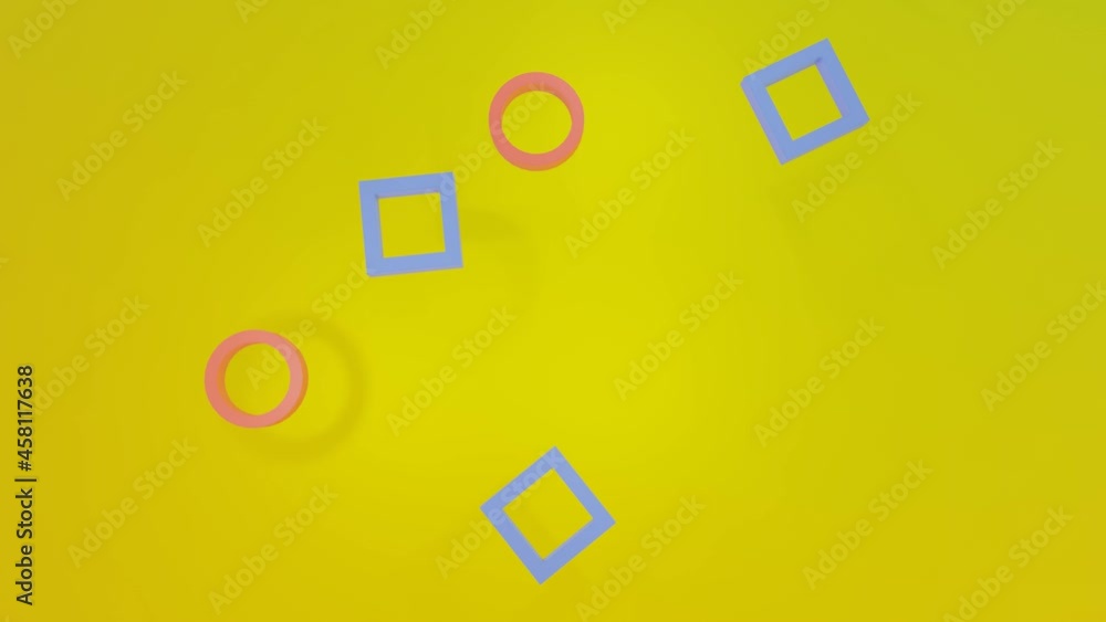 Poster pink and blue circles and rectangles fly back and forth on a yellow background. 3d render loop anima