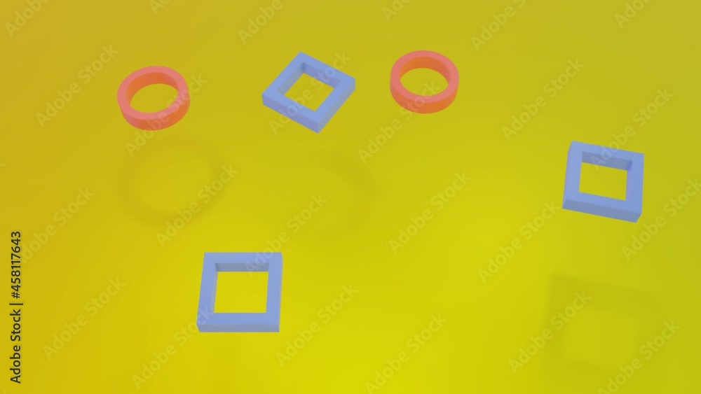 Poster pink and blue circles and rectangles fly back and forth on a yellow background. 3d render loop anima