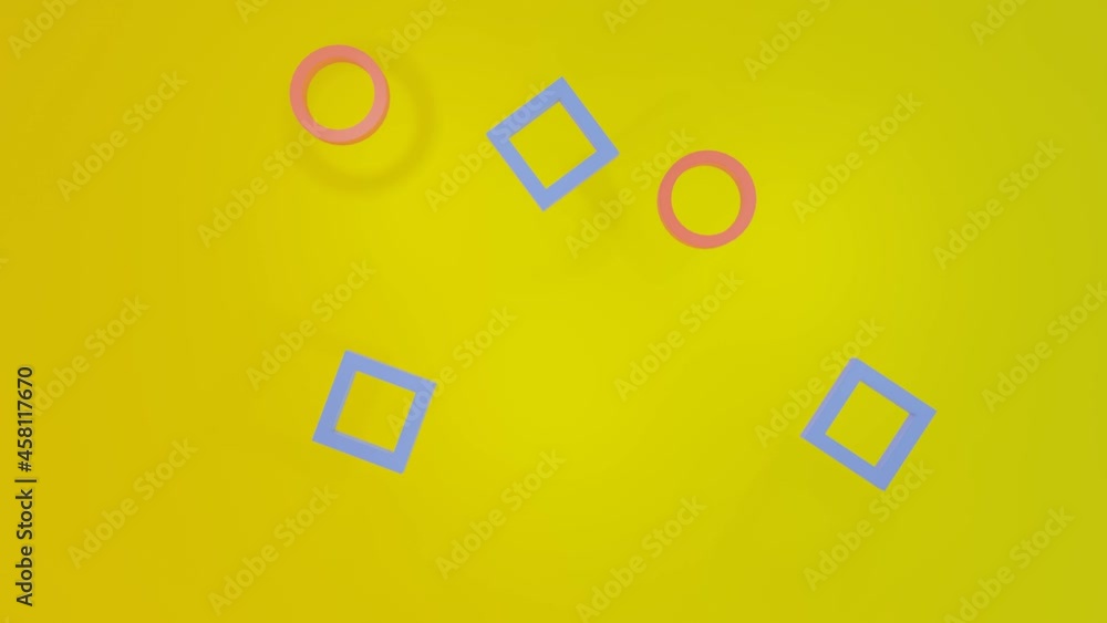 Aufkleber pink and blue circles and rectangles fly back and forth on a yellow background. 3d render loop anima