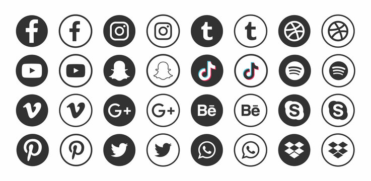 Round social media icons or social network logos flat icon set collection for apps and websites