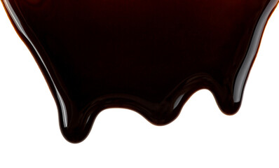 Chocolate streams isolated on a white background. Chocolate syrup. Melting chocolate drips.