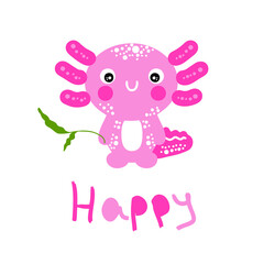 Cartoon style happy pink axolotl illustration. Perfect for T-shirt, textile and prints.
