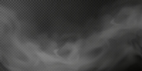 White smoke puff isolated on transparent black background. PNG. Steam explosion special effect. Effective texture of steam, fog, smoke png. Vector.  © Sergey