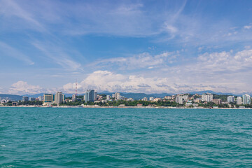Fototapeta premium Sochi city coast panorama at summer. View from yacht. Black sea, Russia.