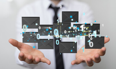 Hand holding using mobile phone with email icon on screen. Concept of business communication