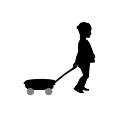 silhouette of cute toddler pulling cart, kid playing, side view, vector isolated on white background, icon, realistic outline