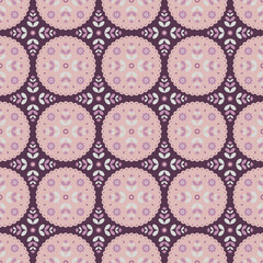 Folk floral ornament. Seamless pattern with abstract flowers on pink background