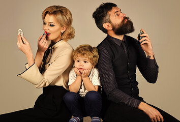 Parents ignore son. Upset small child. Lack of parental attention. Bad Parents. Social problems.