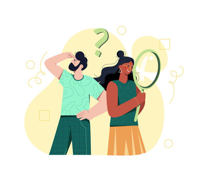 Smiling Male And Female Characters Are Looking For Something And With Magnifying Glass On White Background. Concept Of Business Search Or Research, Development. Flat Cartoon Vector Illustration