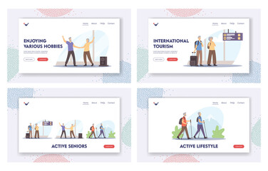 Obraz na płótnie Canvas Active Seniors Landing Page Template Set. Old People Travel, Dancing and Walking with Scandinavian Sticks Activity