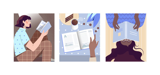 Set of scenes with female characters reading a book everywhere on white background. Young woman reading a book while drinking coffee. Hand holding book. Flat cartoon vector illustration