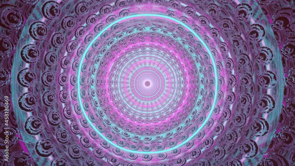 Poster camera fly through an endless round tunnel with glowing neon rings. loop animation 3d render
