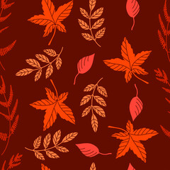 Fototapeta premium Seamless pattern autumn colors leaves isolated on red brown. For card, textile, fabric, wallpaper, paper design