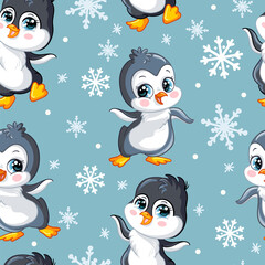 Vector seamless pattern with cute baby penguins