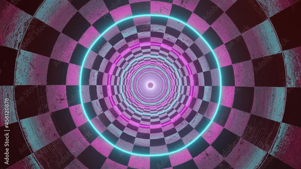 Poster camera fly through an endless round tunnel with glowing neon rings. loop animation 3d render
