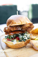 Crispy Fried Chicken Burger and Homemade Potato Chips 