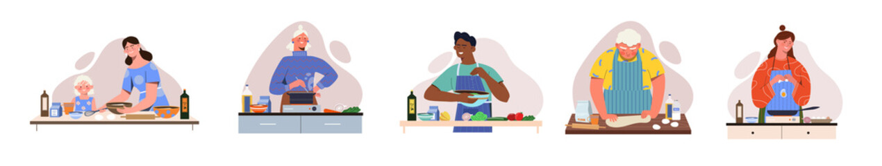 Cute set with male and female characters cooking different dishes on white background. Concept of scenes with different people cooking together at cooking contest. Flat cartoon vector illustration