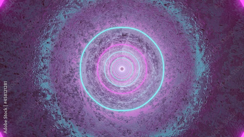 Poster camera fly through an endless round tunnel with glowing neon rings. loop animation 3d render