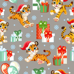 Obraz na płótnie Canvas Vector seamless pattern with cute Christmas tigers