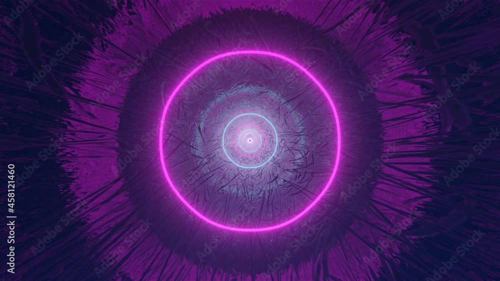 Poster camera fly through an endless round tunnel with glowing neon rings. loop animation 3d render