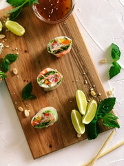 Spring roll with seafood and vegetables in rice paper.